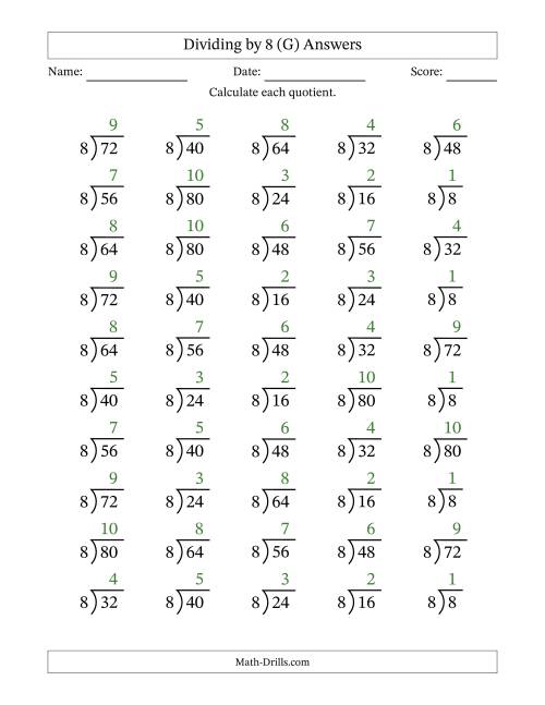 The Division Facts by a Fixed Divisor (8) and Quotients from 1 to 10 with Long Division Symbol/Bracket (50 questions) (G) Math Worksheet Page 2