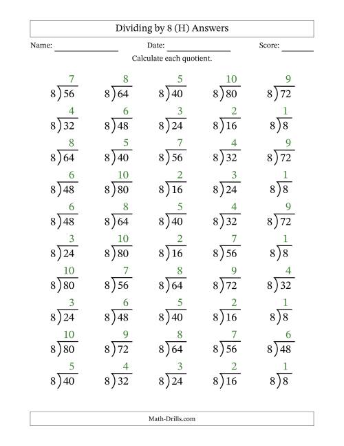 The Division Facts by a Fixed Divisor (8) and Quotients from 1 to 10 with Long Division Symbol/Bracket (50 questions) (H) Math Worksheet Page 2