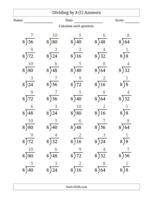 The Division Facts by a Fixed Divisor (8) and Quotients from 1 to 10 with Long Division Symbol/Bracket (50 questions) (I) Math Worksheet Page 2