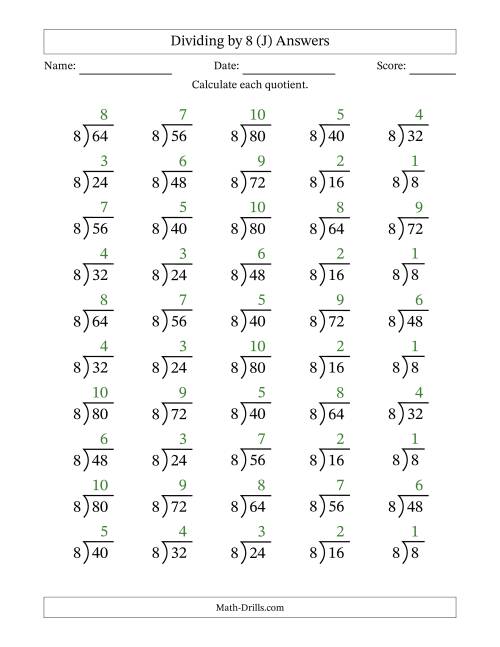 The Division Facts by a Fixed Divisor (8) and Quotients from 1 to 10 with Long Division Symbol/Bracket (50 questions) (J) Math Worksheet Page 2