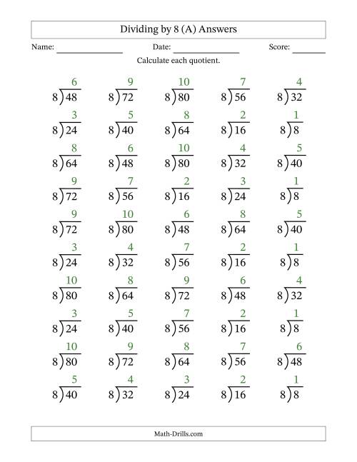 The Division Facts by a Fixed Divisor (8) and Quotients from 1 to 10 with Long Division Symbol/Bracket (50 questions) (All) Math Worksheet Page 2