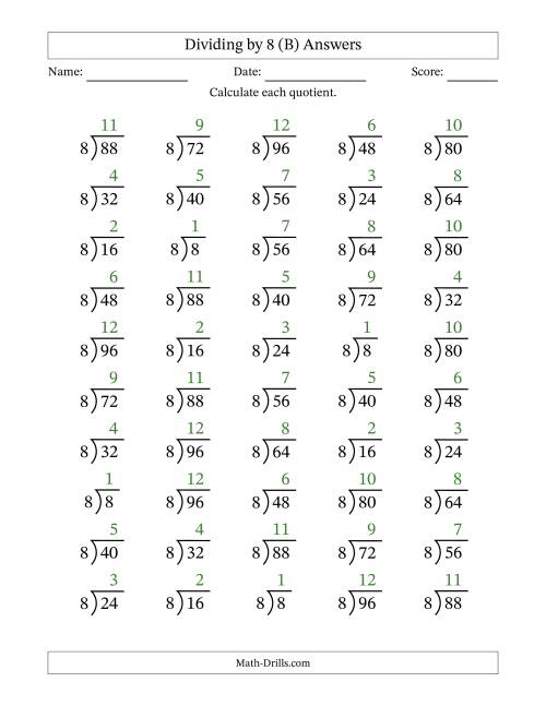 The Division Facts by a Fixed Divisor (8) and Quotients from 1 to 12 with Long Division Symbol/Bracket (50 questions) (B) Math Worksheet Page 2