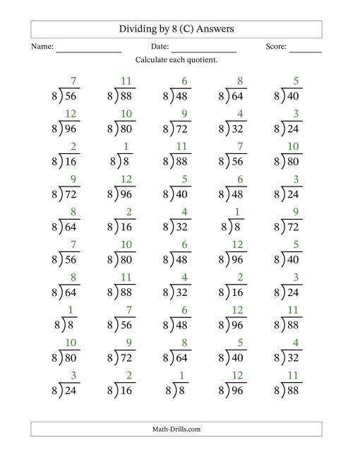 The Division Facts by a Fixed Divisor (8) and Quotients from 1 to 12 with Long Division Symbol/Bracket (50 questions) (C) Math Worksheet Page 2