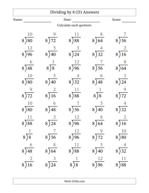 The Division Facts by a Fixed Divisor (8) and Quotients from 1 to 12 with Long Division Symbol/Bracket (50 questions) (D) Math Worksheet Page 2