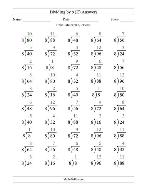 The Division Facts by a Fixed Divisor (8) and Quotients from 1 to 12 with Long Division Symbol/Bracket (50 questions) (E) Math Worksheet Page 2