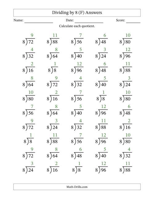 The Division Facts by a Fixed Divisor (8) and Quotients from 1 to 12 with Long Division Symbol/Bracket (50 questions) (F) Math Worksheet Page 2