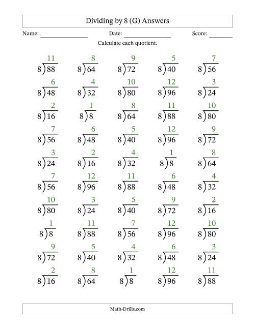 The Division Facts by a Fixed Divisor (8) and Quotients from 1 to 12 with Long Division Symbol/Bracket (50 questions) (G) Math Worksheet Page 2