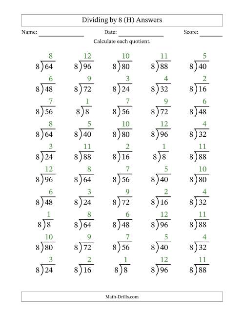 The Division Facts by a Fixed Divisor (8) and Quotients from 1 to 12 with Long Division Symbol/Bracket (50 questions) (H) Math Worksheet Page 2