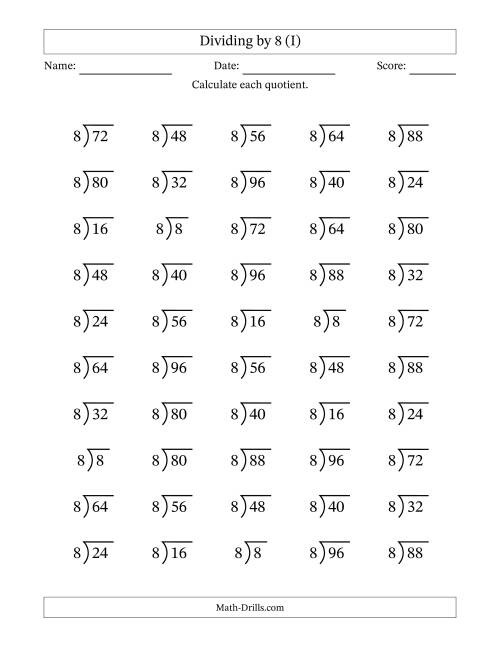 The Division Facts by a Fixed Divisor (8) and Quotients from 1 to 12 with Long Division Symbol/Bracket (50 questions) (I) Math Worksheet