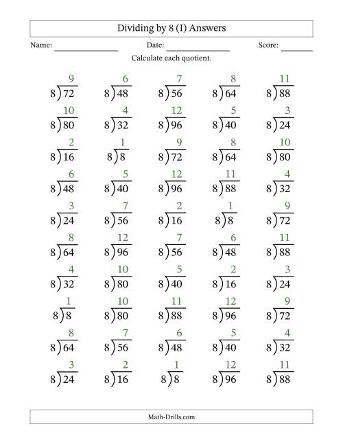The Division Facts by a Fixed Divisor (8) and Quotients from 1 to 12 with Long Division Symbol/Bracket (50 questions) (I) Math Worksheet Page 2