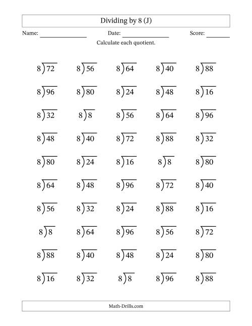 The Division Facts by a Fixed Divisor (8) and Quotients from 1 to 12 with Long Division Symbol/Bracket (50 questions) (J) Math Worksheet