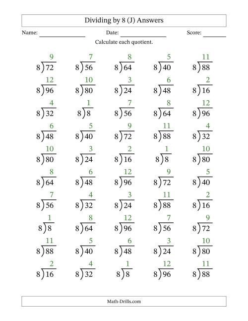 The Division Facts by a Fixed Divisor (8) and Quotients from 1 to 12 with Long Division Symbol/Bracket (50 questions) (J) Math Worksheet Page 2