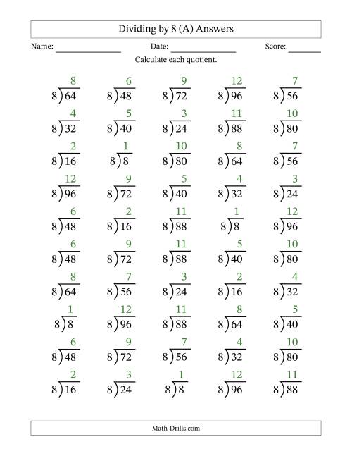 The Division Facts by a Fixed Divisor (8) and Quotients from 1 to 12 with Long Division Symbol/Bracket (50 questions) (All) Math Worksheet Page 2