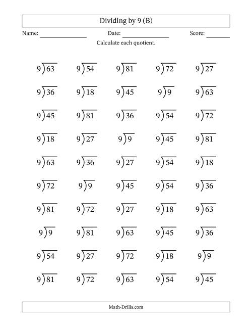 The Division Facts by a Fixed Divisor (9) and Quotients from 1 to 9 with Long Division Symbol/Bracket (50 questions) (B) Math Worksheet
