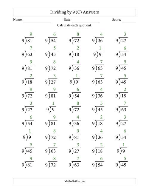 The Division Facts by a Fixed Divisor (9) and Quotients from 1 to 9 with Long Division Symbol/Bracket (50 questions) (C) Math Worksheet Page 2
