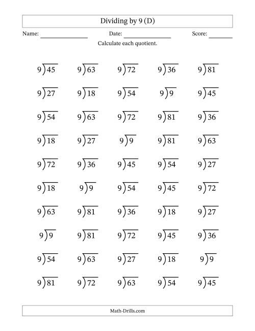 The Division Facts by a Fixed Divisor (9) and Quotients from 1 to 9 with Long Division Symbol/Bracket (50 questions) (D) Math Worksheet