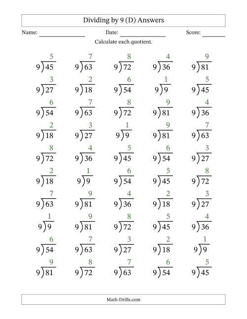 The Division Facts by a Fixed Divisor (9) and Quotients from 1 to 9 with Long Division Symbol/Bracket (50 questions) (D) Math Worksheet Page 2