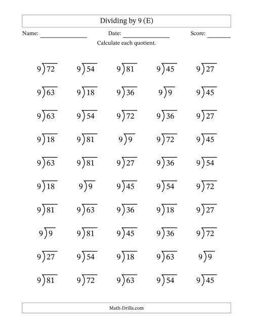 The Division Facts by a Fixed Divisor (9) and Quotients from 1 to 9 with Long Division Symbol/Bracket (50 questions) (E) Math Worksheet