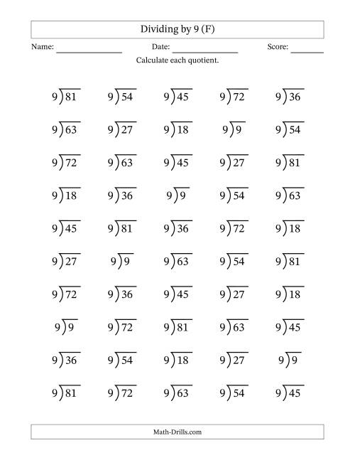 The Division Facts by a Fixed Divisor (9) and Quotients from 1 to 9 with Long Division Symbol/Bracket (50 questions) (F) Math Worksheet