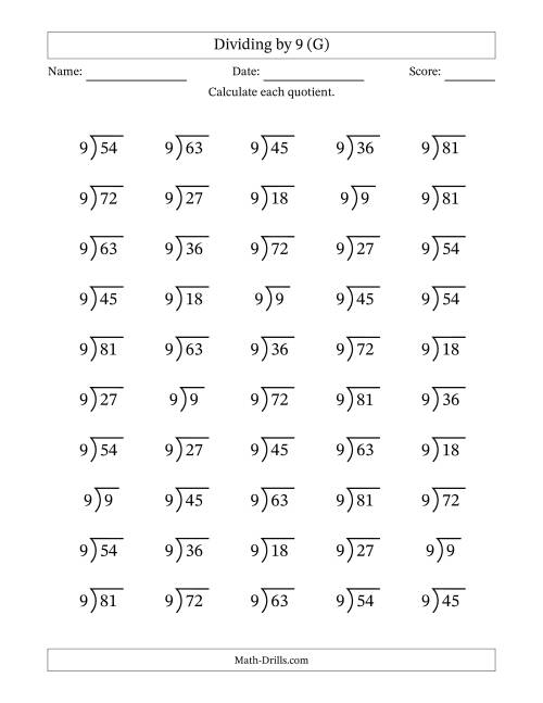 The Division Facts by a Fixed Divisor (9) and Quotients from 1 to 9 with Long Division Symbol/Bracket (50 questions) (G) Math Worksheet