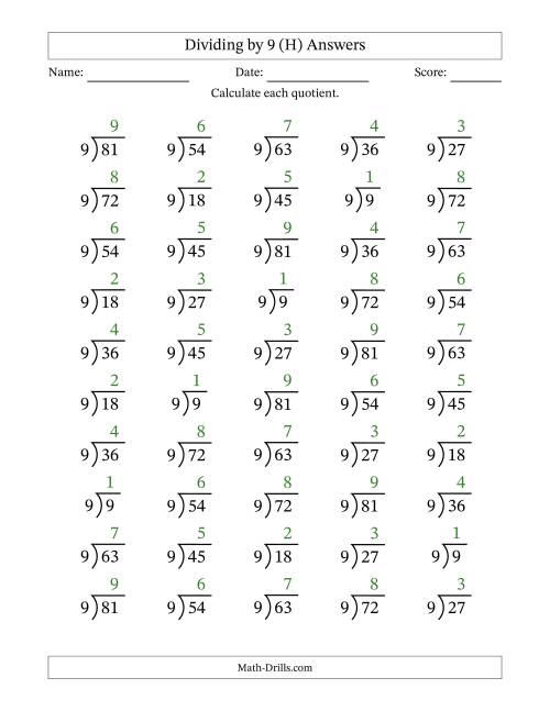 The Division Facts by a Fixed Divisor (9) and Quotients from 1 to 9 with Long Division Symbol/Bracket (50 questions) (H) Math Worksheet Page 2