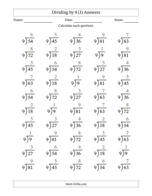 The Division Facts by a Fixed Divisor (9) and Quotients from 1 to 9 with Long Division Symbol/Bracket (50 questions) (J) Math Worksheet Page 2
