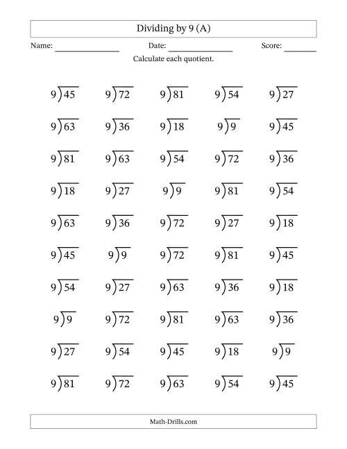 The Division Facts by a Fixed Divisor (9) and Quotients from 1 to 9 with Long Division Symbol/Bracket (50 questions) (All) Math Worksheet