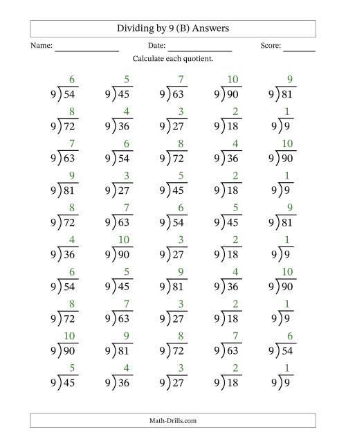 The Division Facts by a Fixed Divisor (9) and Quotients from 1 to 10 with Long Division Symbol/Bracket (50 questions) (B) Math Worksheet Page 2