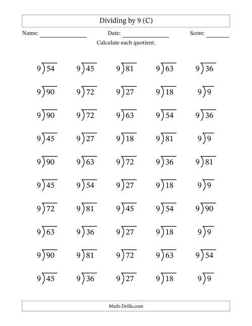 The Division Facts by a Fixed Divisor (9) and Quotients from 1 to 10 with Long Division Symbol/Bracket (50 questions) (C) Math Worksheet