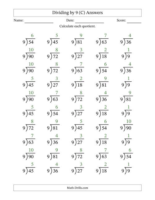 The Division Facts by a Fixed Divisor (9) and Quotients from 1 to 10 with Long Division Symbol/Bracket (50 questions) (C) Math Worksheet Page 2