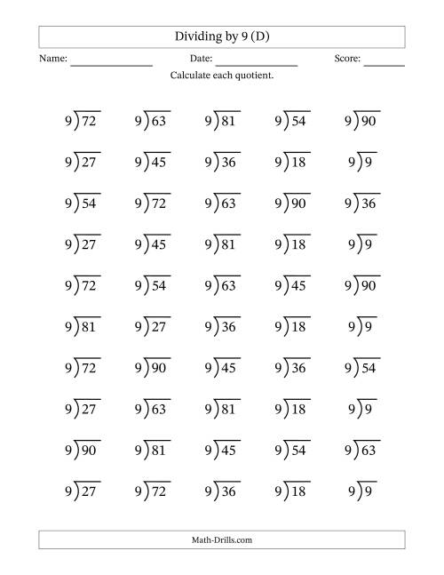 The Division Facts by a Fixed Divisor (9) and Quotients from 1 to 10 with Long Division Symbol/Bracket (50 questions) (D) Math Worksheet