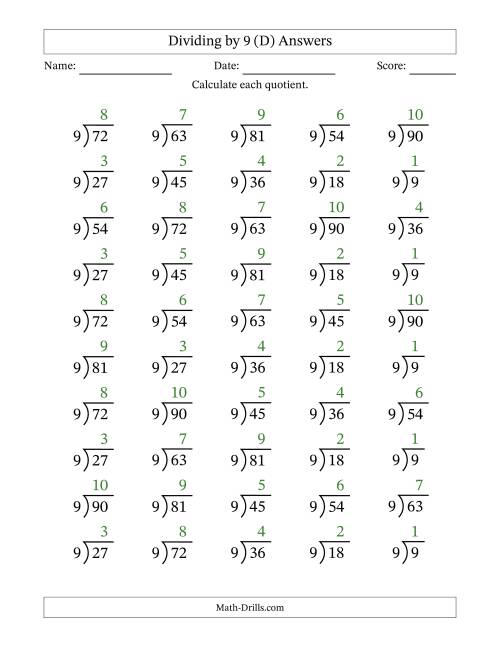 The Division Facts by a Fixed Divisor (9) and Quotients from 1 to 10 with Long Division Symbol/Bracket (50 questions) (D) Math Worksheet Page 2
