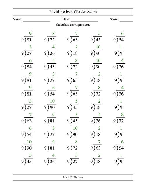 The Division Facts by a Fixed Divisor (9) and Quotients from 1 to 10 with Long Division Symbol/Bracket (50 questions) (E) Math Worksheet Page 2