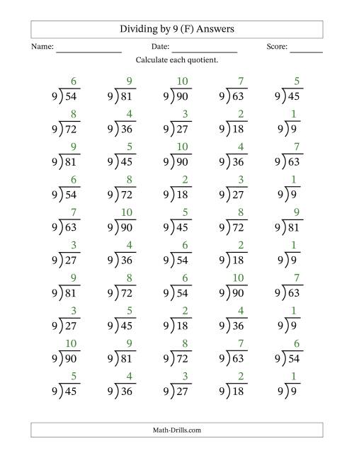 The Division Facts by a Fixed Divisor (9) and Quotients from 1 to 10 with Long Division Symbol/Bracket (50 questions) (F) Math Worksheet Page 2