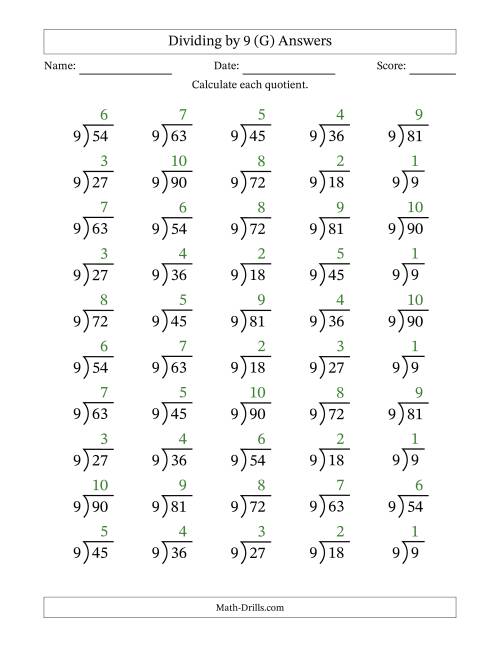 The Division Facts by a Fixed Divisor (9) and Quotients from 1 to 10 with Long Division Symbol/Bracket (50 questions) (G) Math Worksheet Page 2