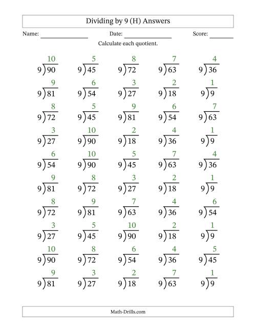 The Division Facts by a Fixed Divisor (9) and Quotients from 1 to 10 with Long Division Symbol/Bracket (50 questions) (H) Math Worksheet Page 2