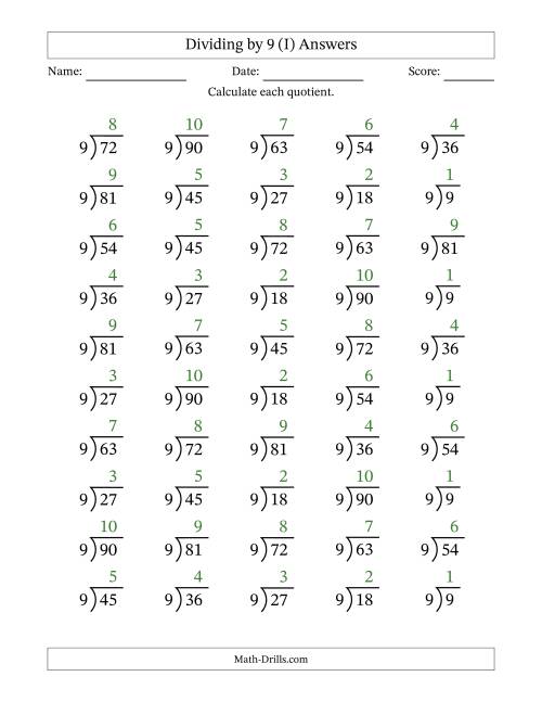 The Division Facts by a Fixed Divisor (9) and Quotients from 1 to 10 with Long Division Symbol/Bracket (50 questions) (I) Math Worksheet Page 2