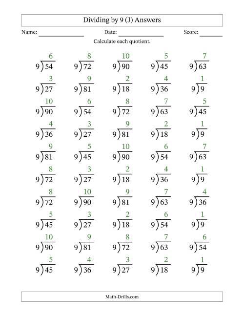 The Division Facts by a Fixed Divisor (9) and Quotients from 1 to 10 with Long Division Symbol/Bracket (50 questions) (J) Math Worksheet Page 2
