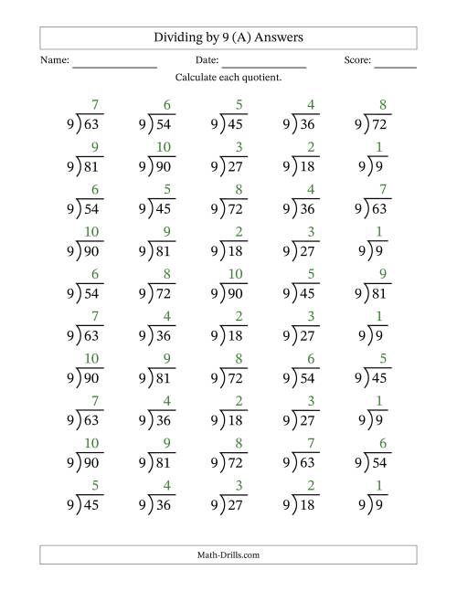 The Division Facts by a Fixed Divisor (9) and Quotients from 1 to 10 with Long Division Symbol/Bracket (50 questions) (All) Math Worksheet Page 2