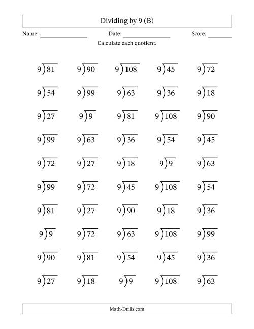 The Division Facts by a Fixed Divisor (9) and Quotients from 1 to 12 with Long Division Symbol/Bracket (50 questions) (B) Math Worksheet
