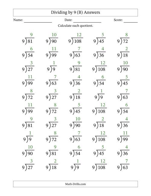 The Division Facts by a Fixed Divisor (9) and Quotients from 1 to 12 with Long Division Symbol/Bracket (50 questions) (B) Math Worksheet Page 2