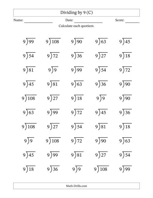The Division Facts by a Fixed Divisor (9) and Quotients from 1 to 12 with Long Division Symbol/Bracket (50 questions) (C) Math Worksheet