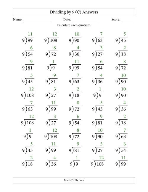 The Division Facts by a Fixed Divisor (9) and Quotients from 1 to 12 with Long Division Symbol/Bracket (50 questions) (C) Math Worksheet Page 2