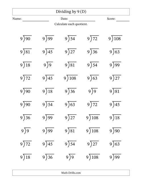The Division Facts by a Fixed Divisor (9) and Quotients from 1 to 12 with Long Division Symbol/Bracket (50 questions) (D) Math Worksheet