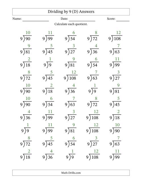The Division Facts by a Fixed Divisor (9) and Quotients from 1 to 12 with Long Division Symbol/Bracket (50 questions) (D) Math Worksheet Page 2