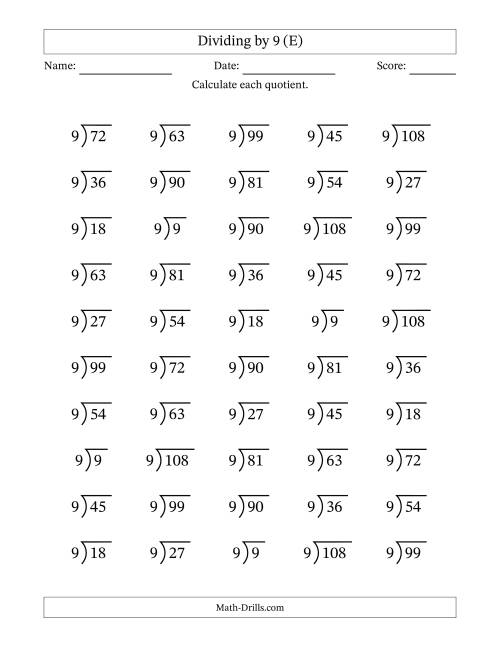 The Division Facts by a Fixed Divisor (9) and Quotients from 1 to 12 with Long Division Symbol/Bracket (50 questions) (E) Math Worksheet
