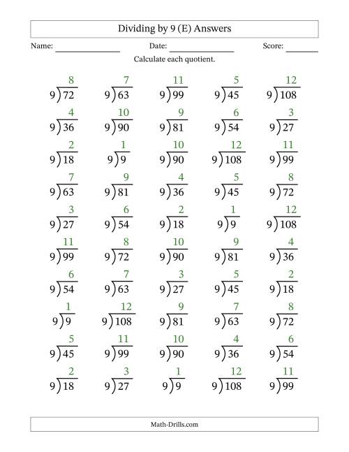The Division Facts by a Fixed Divisor (9) and Quotients from 1 to 12 with Long Division Symbol/Bracket (50 questions) (E) Math Worksheet Page 2