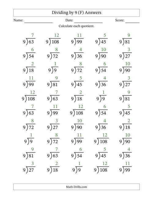 The Division Facts by a Fixed Divisor (9) and Quotients from 1 to 12 with Long Division Symbol/Bracket (50 questions) (F) Math Worksheet Page 2