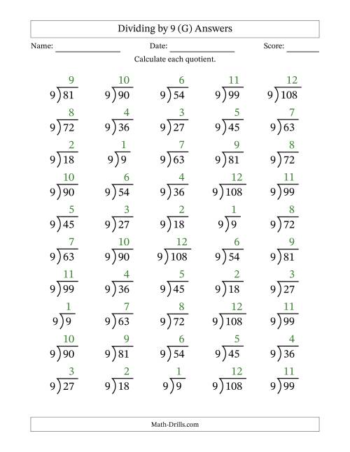 The Division Facts by a Fixed Divisor (9) and Quotients from 1 to 12 with Long Division Symbol/Bracket (50 questions) (G) Math Worksheet Page 2