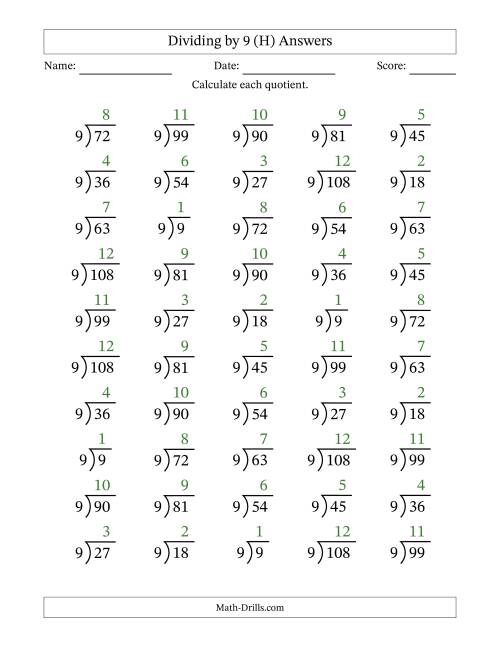 The Division Facts by a Fixed Divisor (9) and Quotients from 1 to 12 with Long Division Symbol/Bracket (50 questions) (H) Math Worksheet Page 2